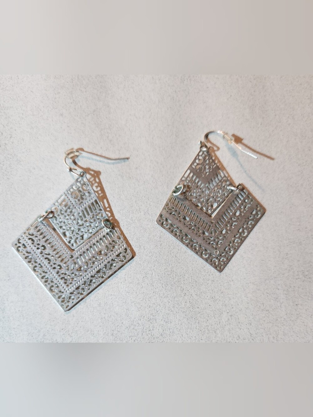 Rain Jewelry Co Shiny Silver Laser Cut Open Work Deco Filigree Drop Earrings